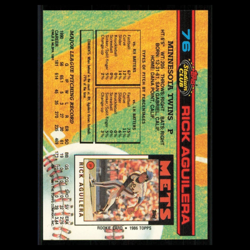 Rick Aguilera #76 1991 Topps Stadium Club Minnesota Twins Baseball Card MLB NM - Image 2 of 3
