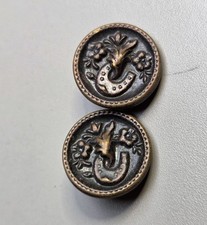 Antique Brass Buttons (2) Pictorial Horseshoe Floral approx. 14 mm Self Shank