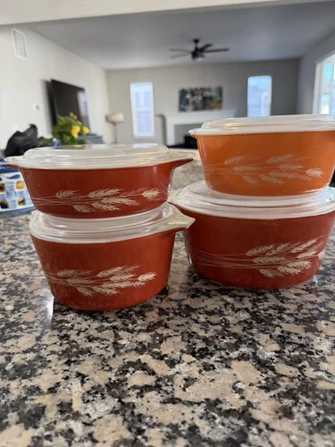 Vintage Pyrex Autumn Harvest Nesting Casserole Set With Lids Full 4 Piece Set.