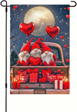 Happy Valentine  S Day Garden Flag 12X18 Inch Double Sided Gnome Couple Truck Hea