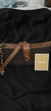 Authentic Michael Kors Brown Logo Shoulder Bag Chain Accent Magnetic Zip