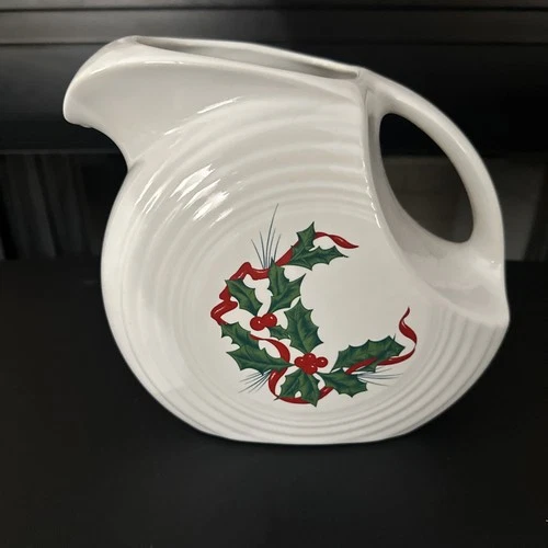 Fiesta Ware Christmas Disk Pitcher creamer White W/ Holy & Ribbon Rare 20 OZ.