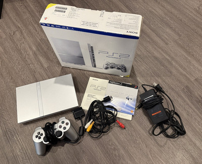 Sony PlayStation 2 Slim Silver Console Bundle w/box controller 2 games & More
