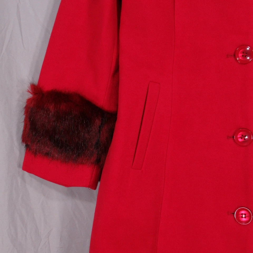 KC COLLECTIONS Red Fleece FAUX FUR TRIM Button-Up POCKETS Long JACKET/COAT Sz M - Image 3 of 4