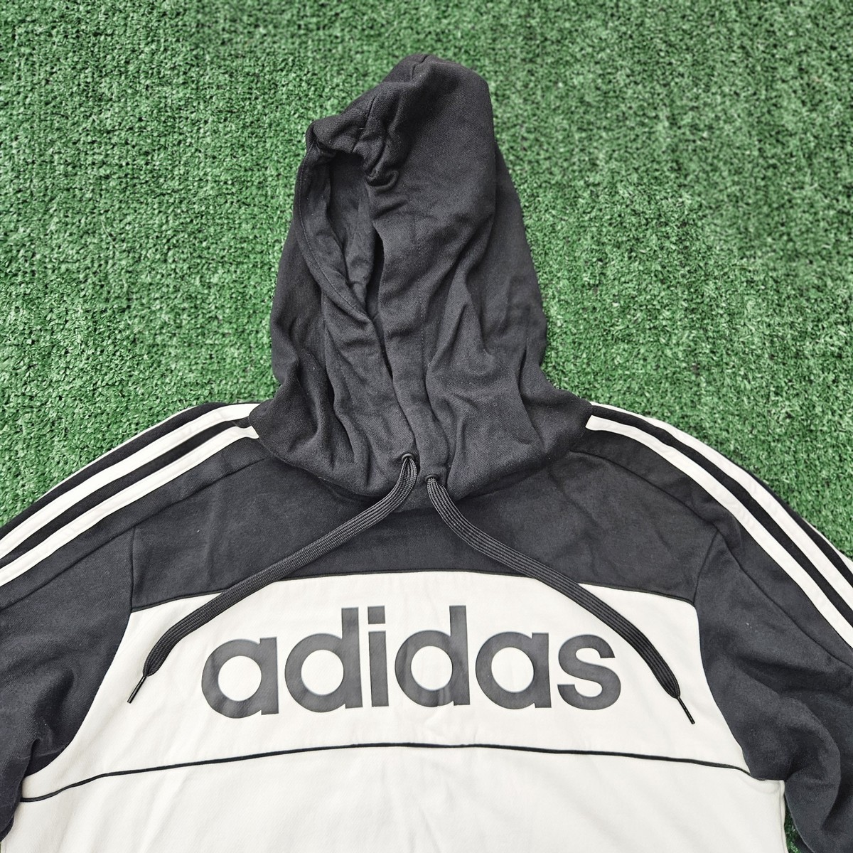 Adidas Men’s Medium Essentially Hoodie Spell Out Black White Stripes View 2