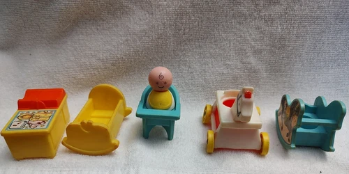 VTG 1980s Fisher-Price Little People Nursery Set Highchair Rocking Horse Bed