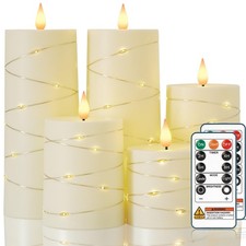 5 PCS Ivory Flameless Pillar Candles Remote Timer LED String Light Gift