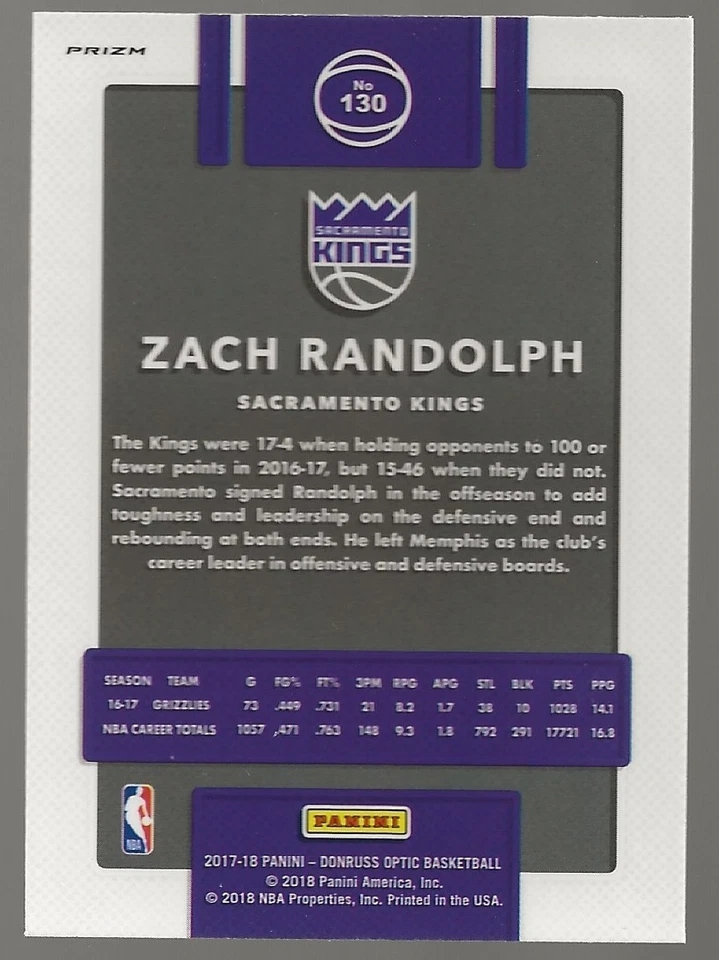 2017-18 Donruss Optic Basketball Zach Randolph Purple Prizm Parallel #130 - Image 2 of 2