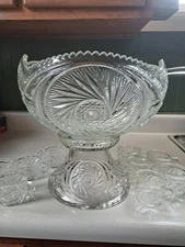 L E SMITH/McKee ATZEC PINWHEEL PUNCH BOWL SET~BOWL,BASE,9 CUPS, & GLASS LADLE