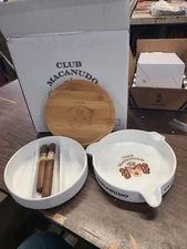 Club Macanudo Ashtray New Set White Ceramic Cigar Ashtray 3 Piece w/ Top