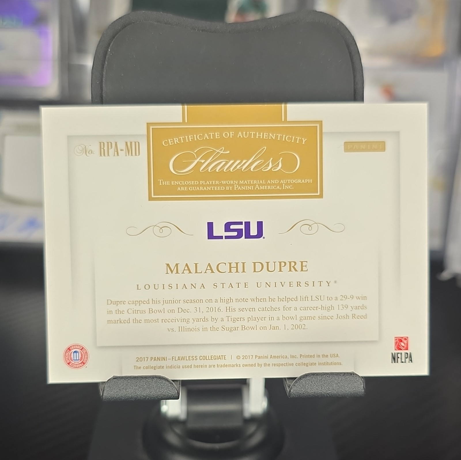 Panini 2017 Flawless Collegiate Malachi Dupre LSU RPA-MD RC Auto Patch /25 view 2