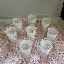 Vtg 10 MCM Kitchenware White Floral Diamond Cross Stitch Design Tumblers 16oz.