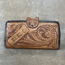 VTG WESTERN Hand Tooled Leather Wallet Flower Lilies Brown Large Initialed VGC