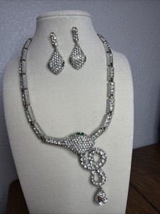 Rhinestone 14" Green Eye Snake Serpent Necklace Dangle Earrings Set 1