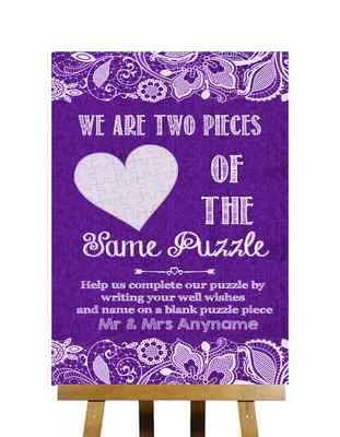 Lila Sackleinen & Spitze Effekt Puzzle Gästebuch personalisiert Hochzeit Schild