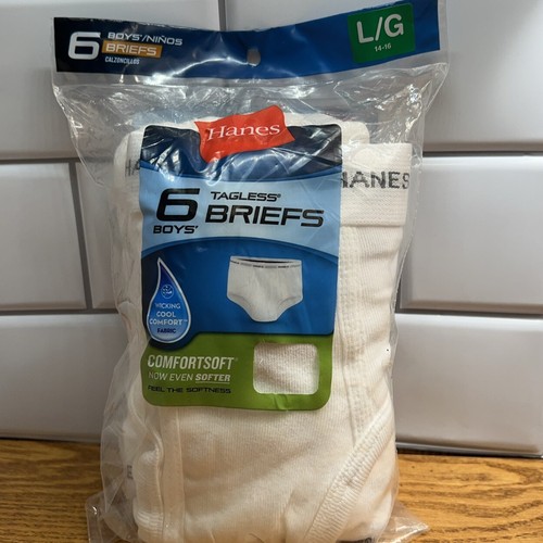 Boys Underwear Hanes White Tagless Briefs 6 in pkg Size L 14-16 New