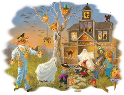 Halloween Shirt,  Halloween Scene Shirt, Costumes - Cats - Witch - Scarecrow 