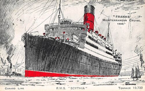 SS SCYTHIA ~ CUNARD SHIP LINE, 1929 FRANKS CRUISE SOUV PC, used Paquebot - Afbeelding 1 van 3