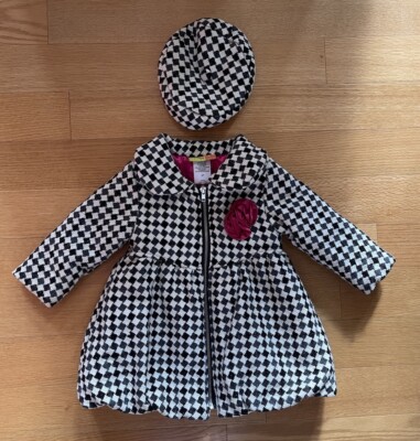 Penelope Mack Black White Checked Coat Matching Beret 2T. EUC