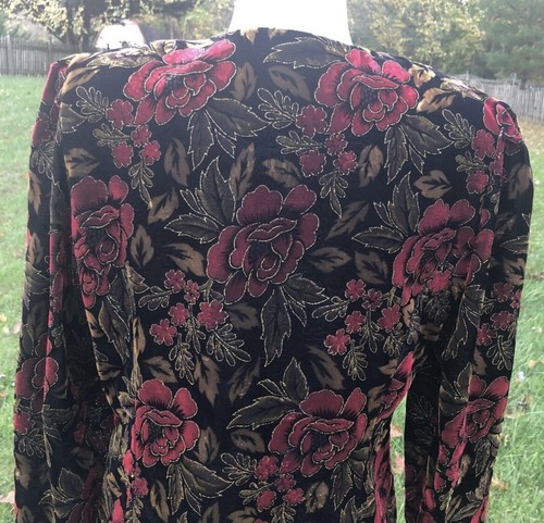 Vintage Velvet Floral Rose Print Puff Sleeve Gold Etched Jacket Whimsygoth L - Picture 8 of 11