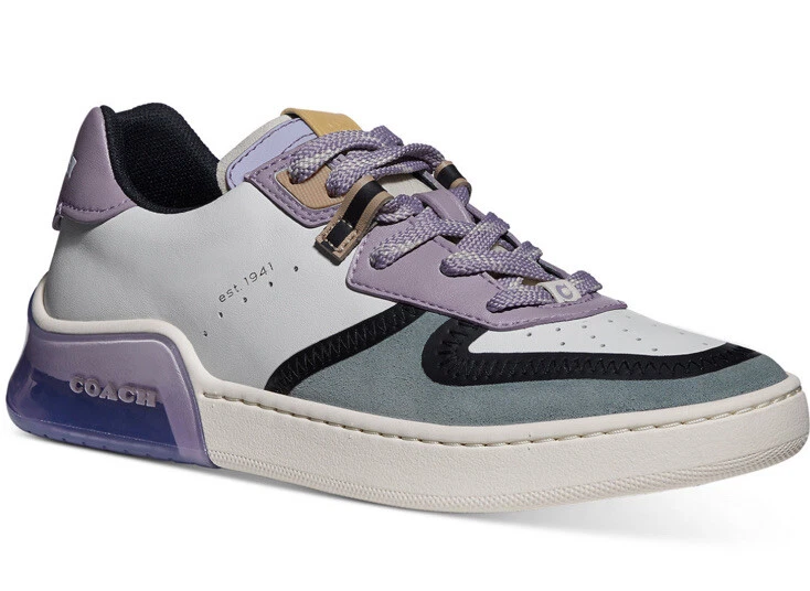 New Coach Women's City Sole Court Sneakers shoes lace up white blue lilac  purple