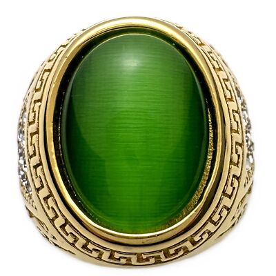 JWM Men's Stainless Steel Rings Inlaid with Natural Green Cats Eye Stone Ring...