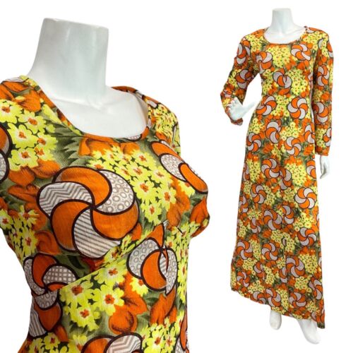VINTAGE 60s 70s ORANGE YELLOW GREEN PSYCHEDELIC FLORAL SPIRAL MOD MAXI DRESS 12 - Picture 1 of 7