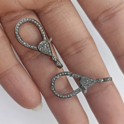 Pave Diamond Lobster Lock Clasp 925 Sterling Silver 28x12mm
