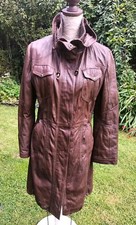 M&s Autograph Leather Belted Trench Coat Rib Knit Collar & Cuffs Dark Brown 12/m