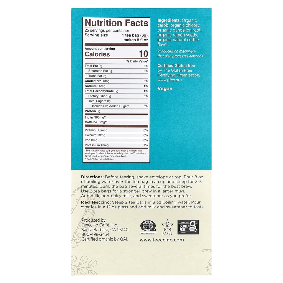 Té de hierbas tostado orgánico, diente de león tostado oscuro, sin cafeína, 25 bolsitas de té, Foto 2 de 3