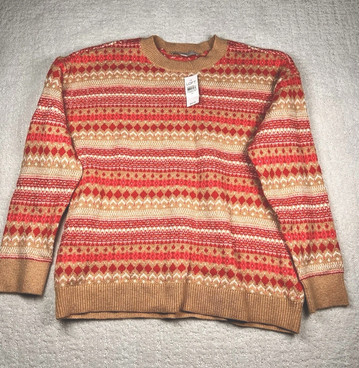 LOFT Women's Striped Fair Isle Size  Medium Crewneck Sweater Tan Red Pink NWT