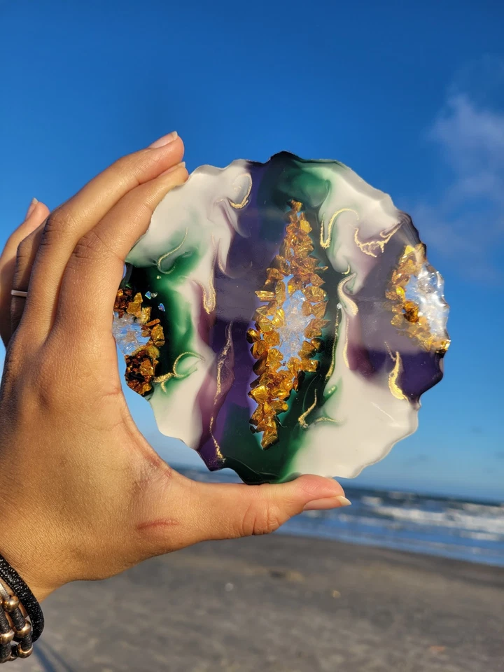 Nuevo Juego de 4 Posavasos Geoda Ágata Púrpura, Verde y Dorado Foto 2 de 4