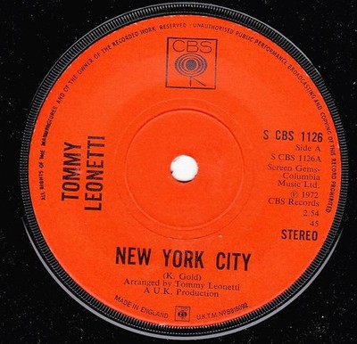 Tommy Leonetti - New York City - Used Vinyl Record 7 - G8100z