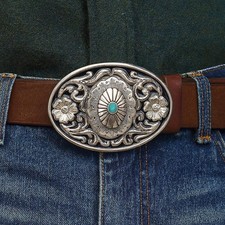 Turquoise Western Belt Buckle Engraved Silver Oval Cabochon Cowboy Rodeo Style