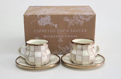 Mackenzie Childs Mocha Check Expresso Cup & Sauccer Set