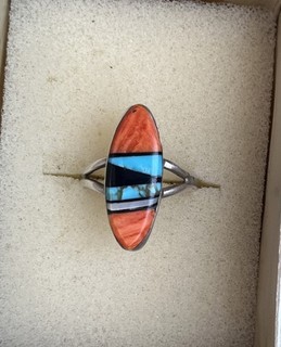Vintage ZUNI Native American Sterling Silver Channel Inlay Ring Signed G Gasper?