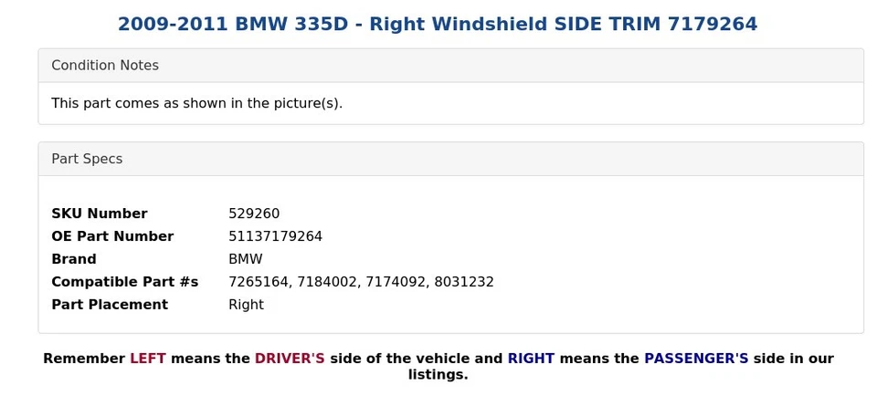 BMW 335D 2009-2011 - Parabrisas derecho moldura lateral 7179264 Foto 3 de 4
