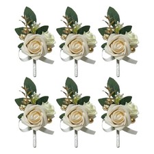 6 PCS White Ivory Boutonniere Pins Men Groomsmen Artificial Flower Wedding