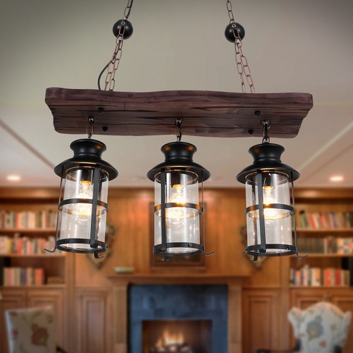 Industrial Wood Chandelier Vintage 3-Lights Pendant Light Ceiling Lamp Fixtures - Picture 3 of 24