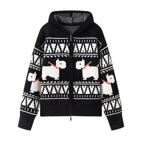 2025 Spring and Autumn, Mosaic Terrier, Hooded Knitted Cardigan Sweater in Black - Picture 1 of 5