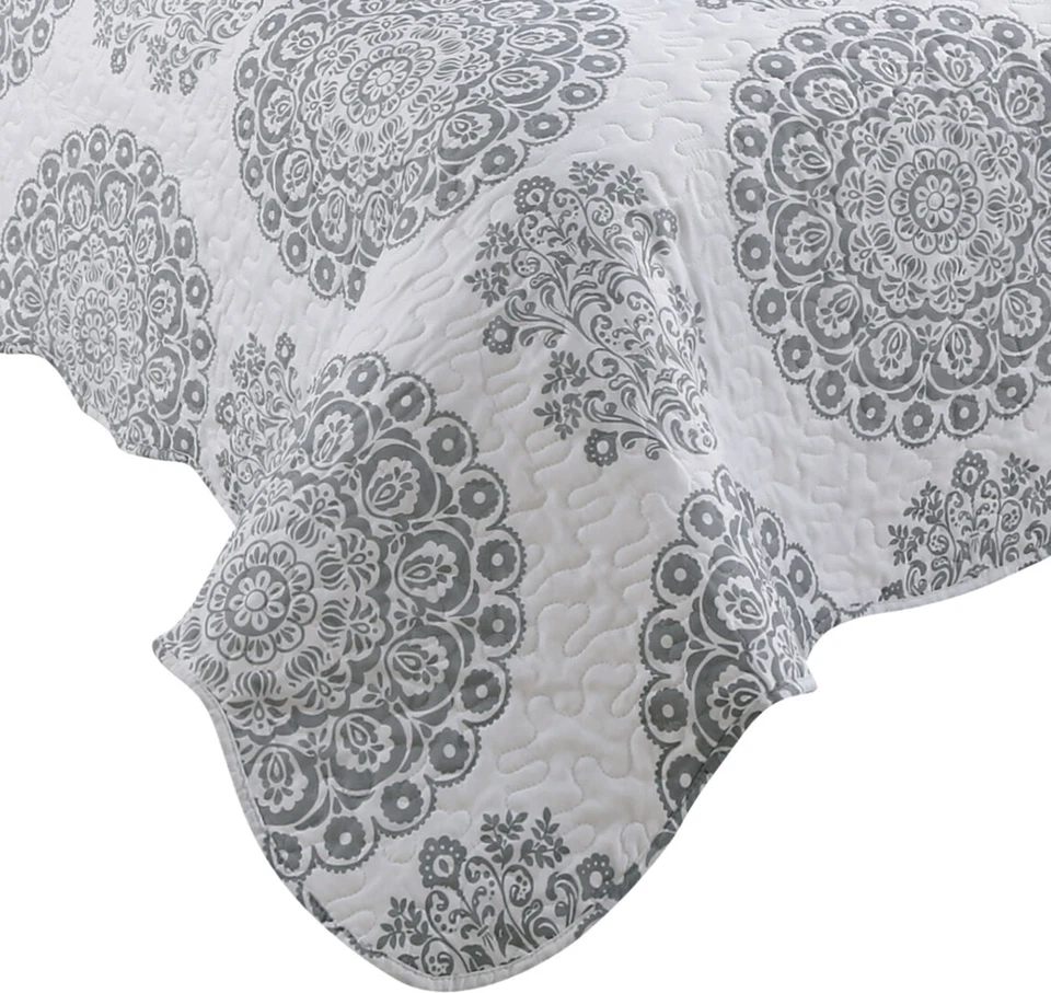 Juego de colcha edredón colcha ultra suave con costuras estampadas, círculos de flores grises Foto 4 de 4