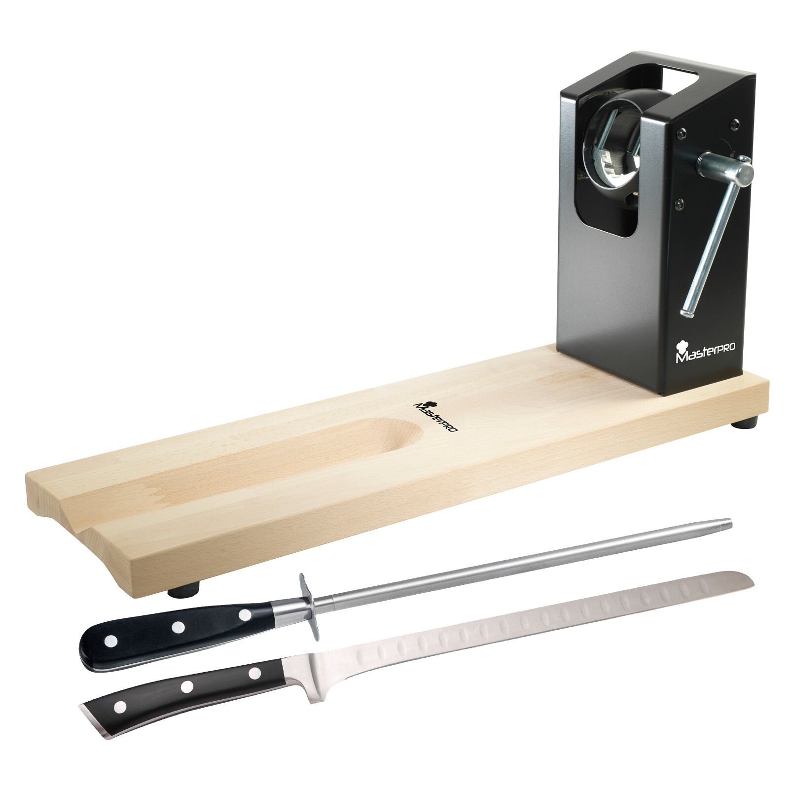 Bergner Jamonero Masterpro 62 X 19,5 X 3,3 Cm + Afilador Y Cuchillo Acero Inox.
