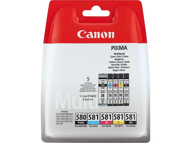 PACK DE 5 CARTOUCHES CANON 580 + 581 2x NOIR + CYAN MAGENTA JAUNE / noire pas xl - Photo 1/1