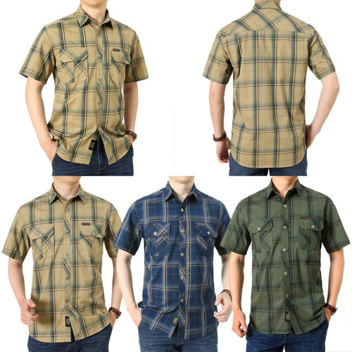 / Men’s Cotton Casual Short Sleeve Classic Collared Plaid Button Up Dress Shi - Picture 1 of 16