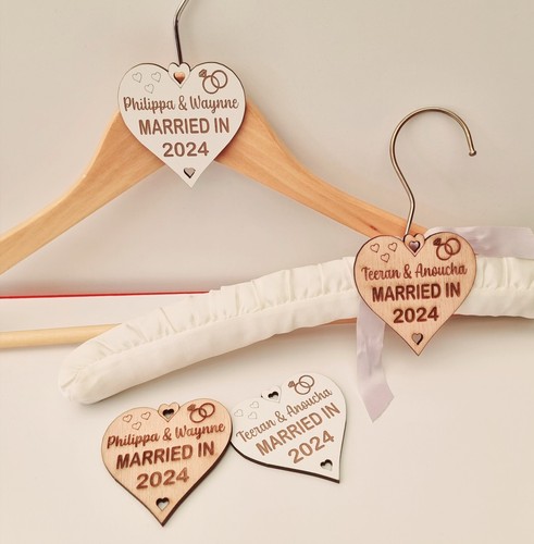 Personalised Wedding Heart Coat Hanger Tags Married In Laser Engraved Keepsake - Picture 4 of 5