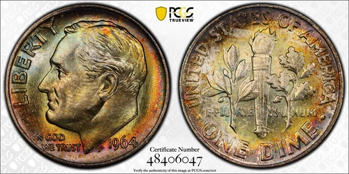 1964 10C Silver Roosevelt Dime PCGS MS 66 - Toning