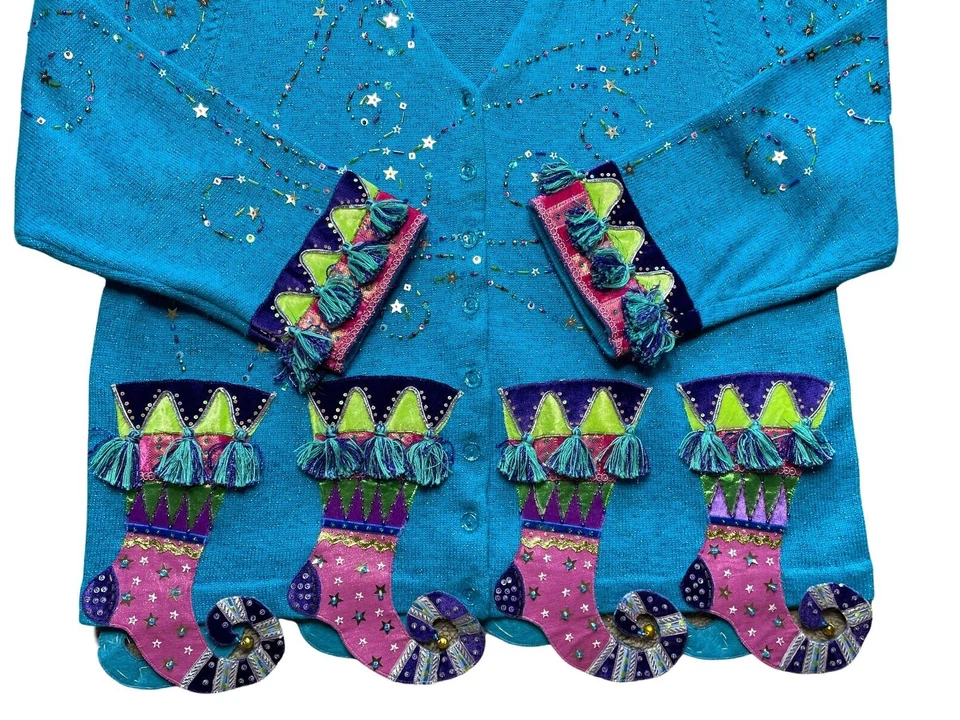 Vintage 2XL Christmas stockings cardigan sweater beaded sequins Design Options - Image 2 of 4