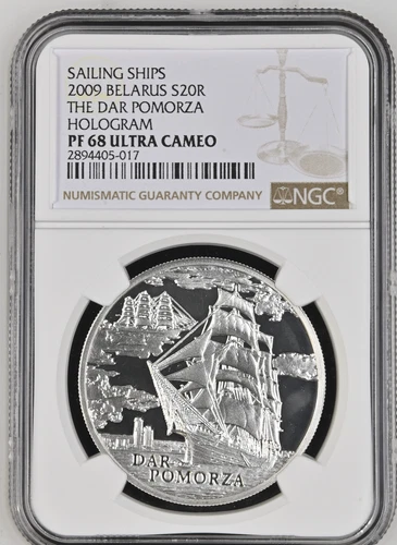 20 ROUBLES 2009 BELARUS THE DAR POMORZA HOLOGRAM SILVER PROOF NGC PF68