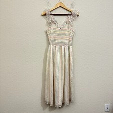 MADEWELL Ruffle-Strap Midi Dress Womens Sz M Ivory Rainbow Striped Smocked Beach