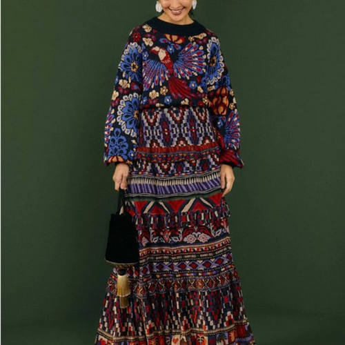 Farm Rio Ainika Tapestry Blue Maxi Skirt Tiered Size M NWT - Picture 3 of 14